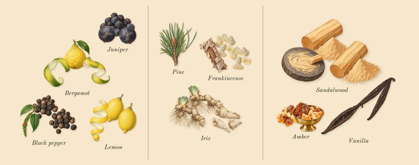 Gypsy Water’s scent picture, a draft: bergamot, juniper, lemon, black pepper, frankincense, iris drawn so far; dashed outlines where nothing is drawn yet