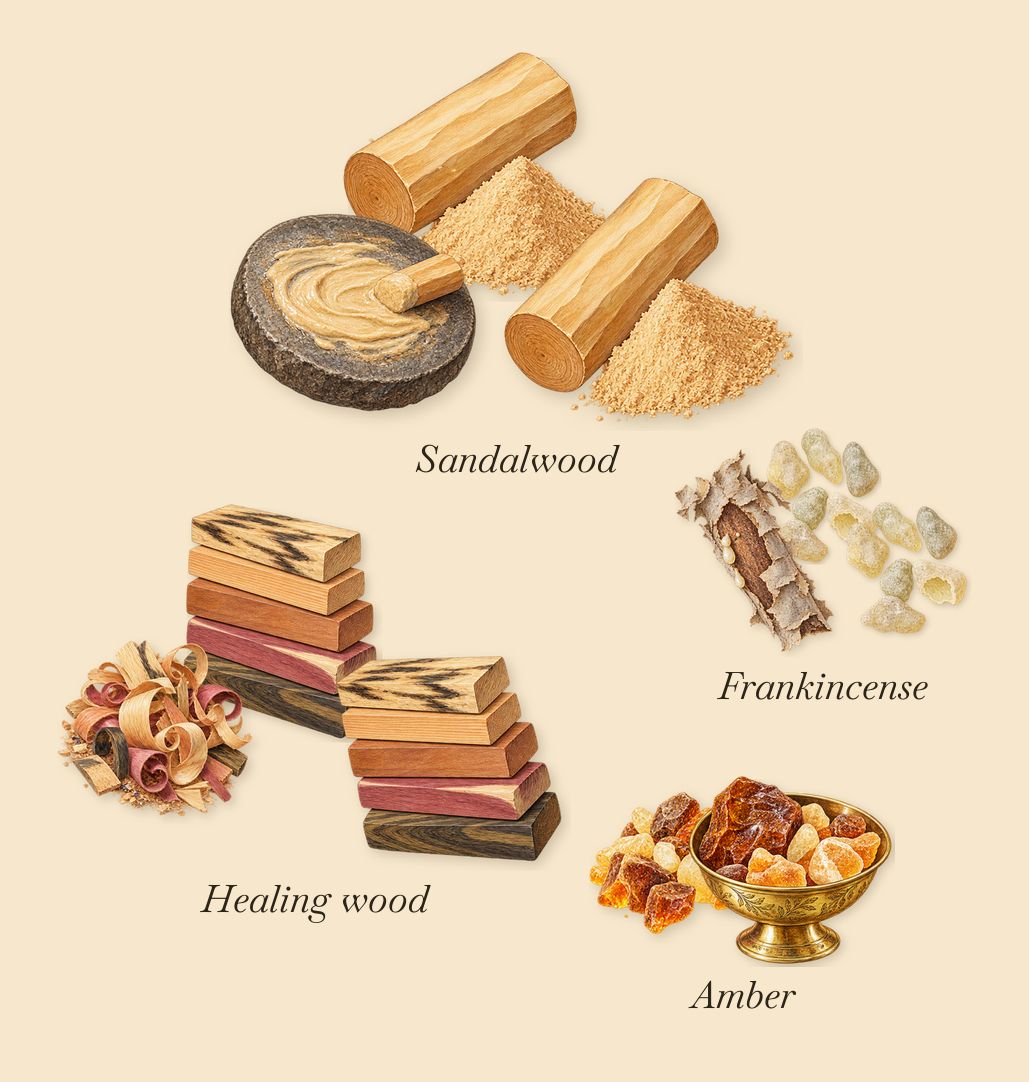 Sister Dreamer, what stays: Sandalwood, Amber, Healing wood, Frankincense