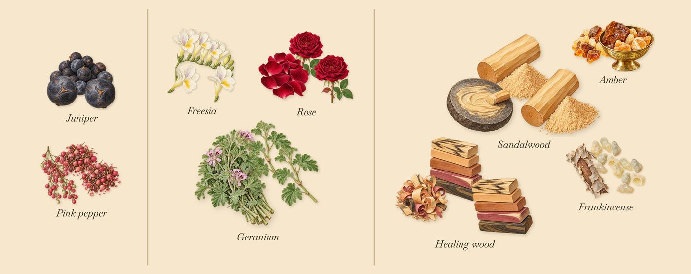 Sister Dreamer’s scent picture, a draft: pink pepper, juniper, freesia, rose, geranium, sandalwood drawn so far; dashed outlines where nothing is drawn yet
