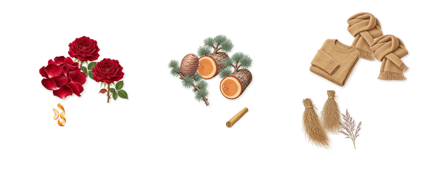 Super Cedar’s scent picture, a draft: rose, cedar, vetiver, silk musk, limonene (orange peel), cinnamal (cinnamon) drawn so far; dashed outlines where nothing is drawn yet