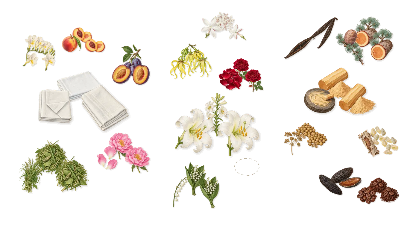 Noa’s scent picture, a draft: white musk, peony, peach, freesia, green notes, plum drawn so far; dashed outlines where nothing is drawn yet