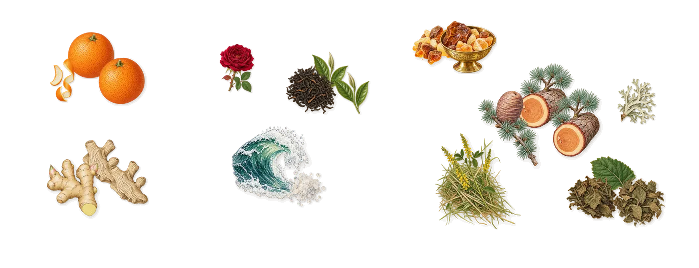 CK Everyone’s scent picture, a draft: sweet orange, ginger, tea, marine notes, cedar, patchouli drawn so far; dashed outlines where nothing is drawn yet