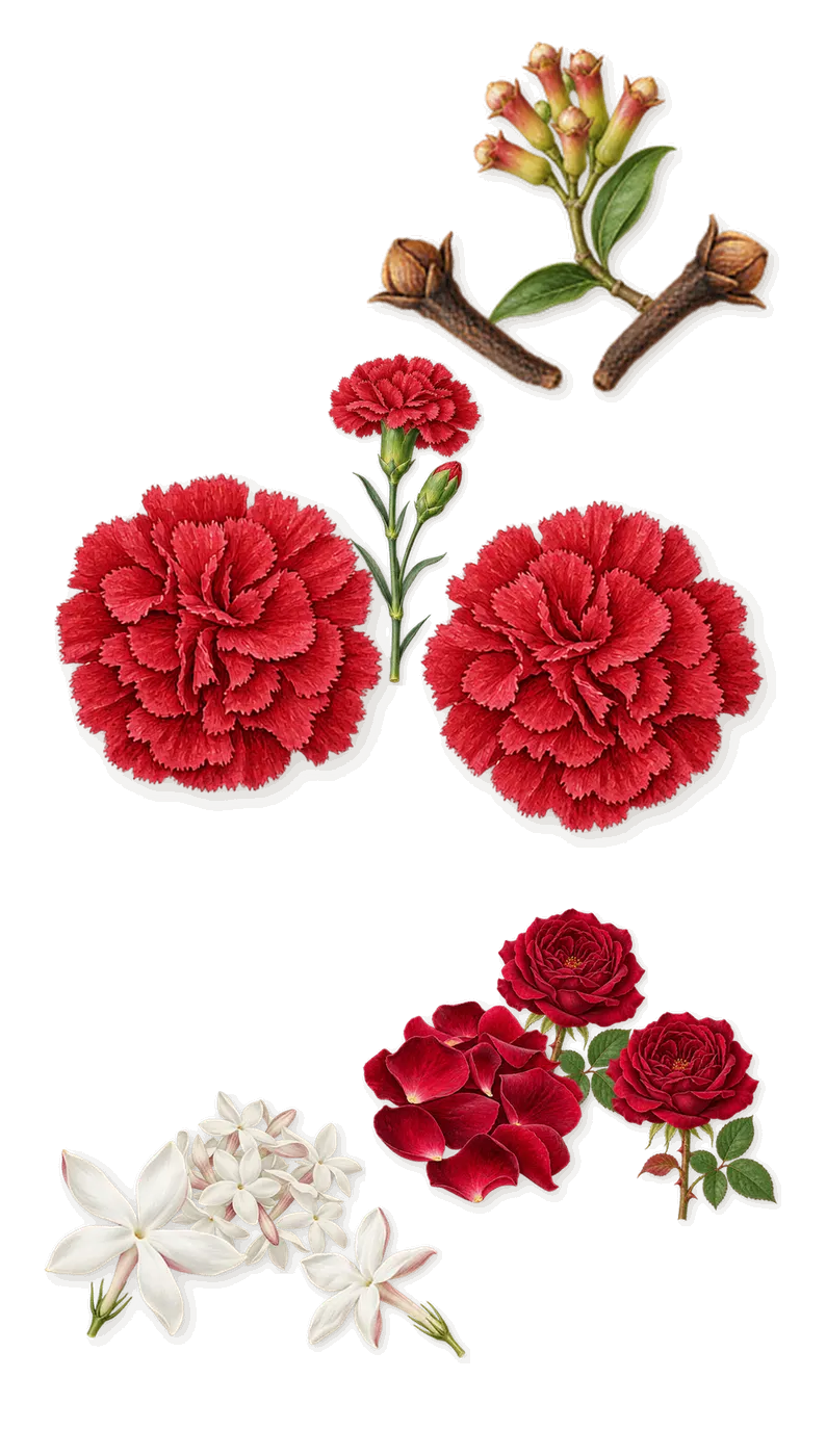 Escape, as it settles: Carnation, Jasmine, Rose, Clove