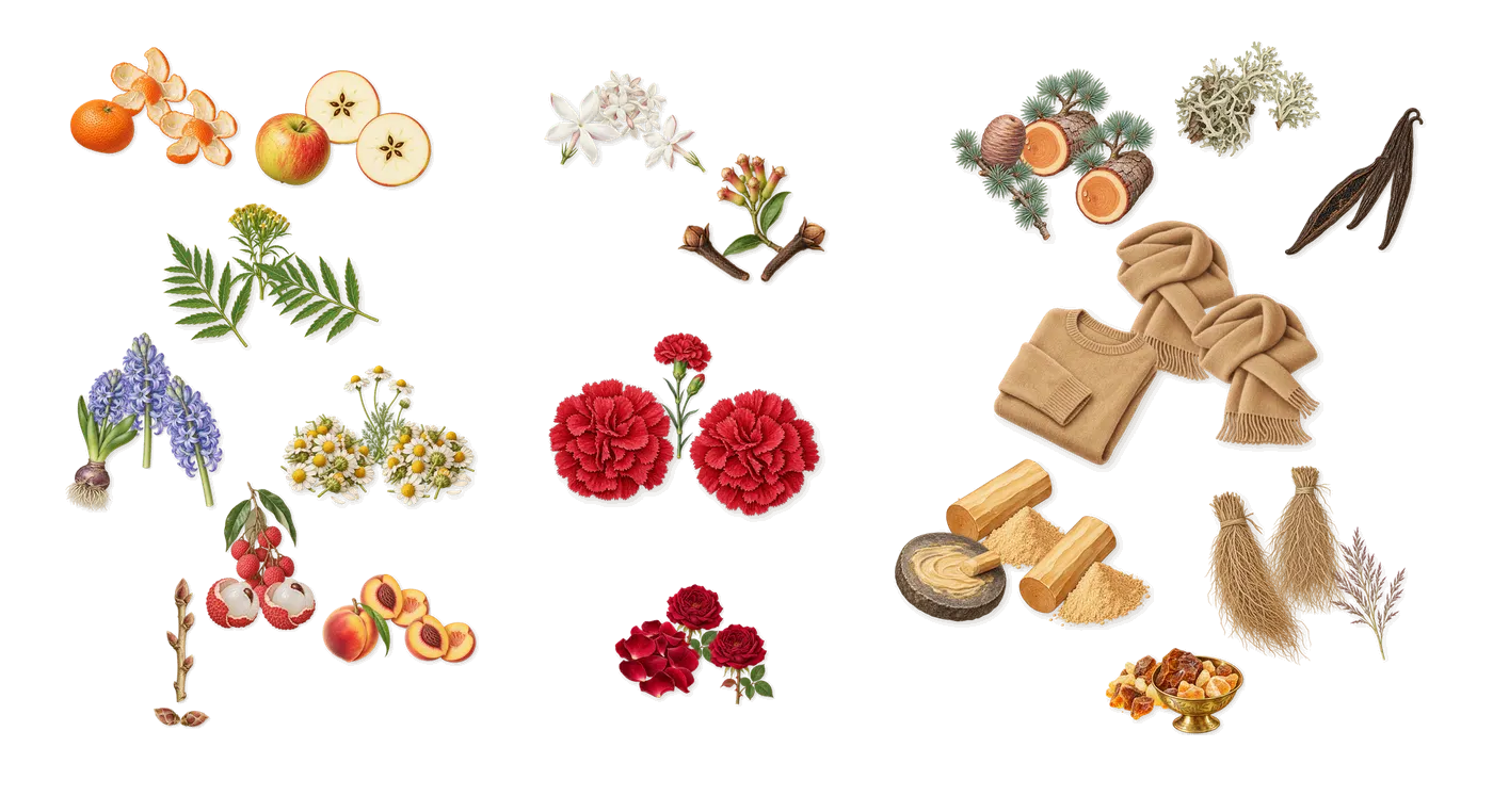 Escape’s scent picture, a draft: lychee, chamomile, apple, peach, hyacinth, marigold drawn so far; dashed outlines where nothing is drawn yet