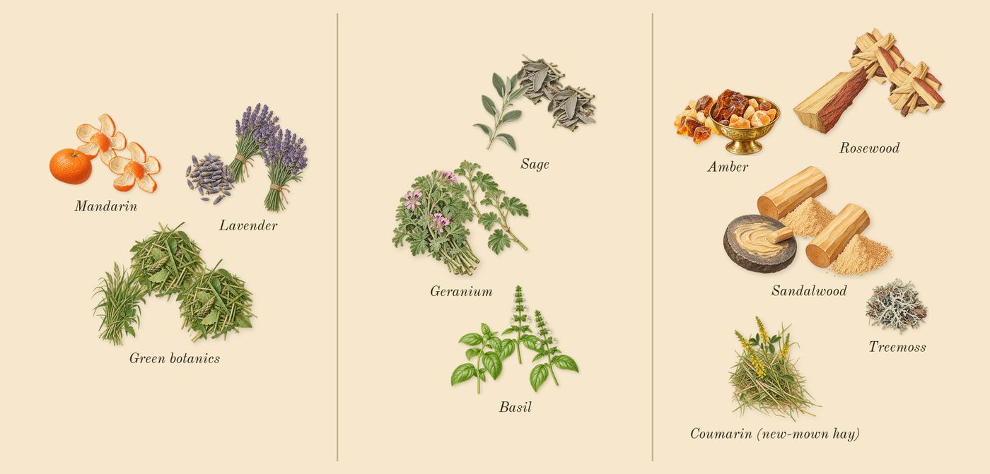 Eternity for Men’s scent picture, a draft: mandarin, lavender, green botanics, basil, geranium, sage drawn so far; dashed outlines where nothing is drawn yet