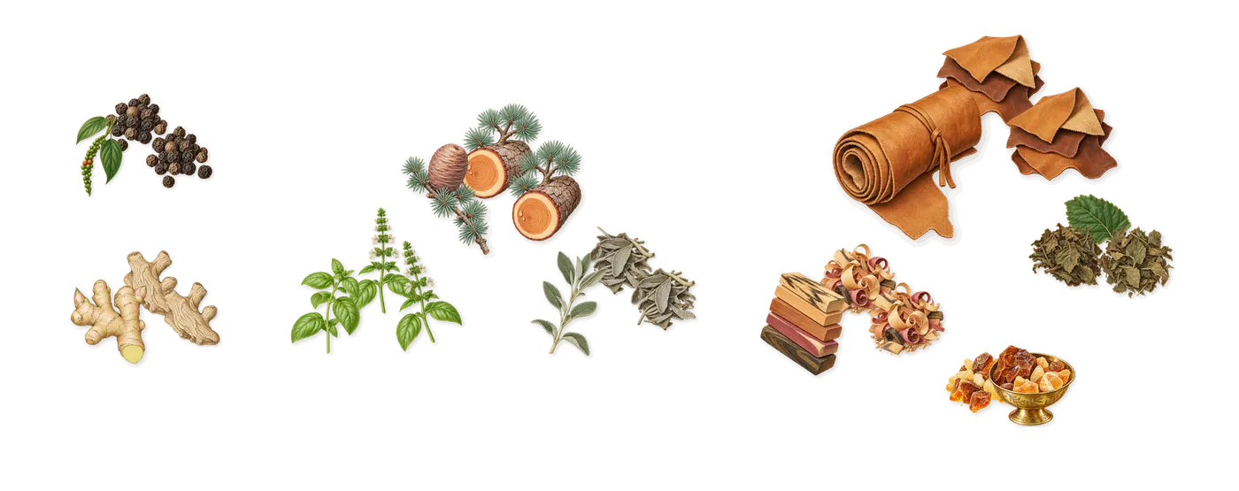 Euphoria Men’s scent picture, a draft: black pepper, ginger, sage, basil, cedar, amber drawn so far; dashed outlines where nothing is drawn yet