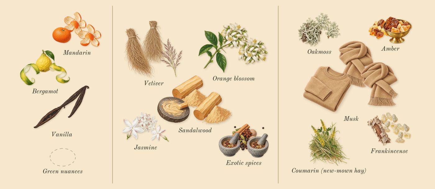 Obsession’s scent picture, a draft: mandarin, bergamot, vanilla, jasmine, orange blossom, sandalwood drawn so far; dashed outlines where nothing is drawn yet