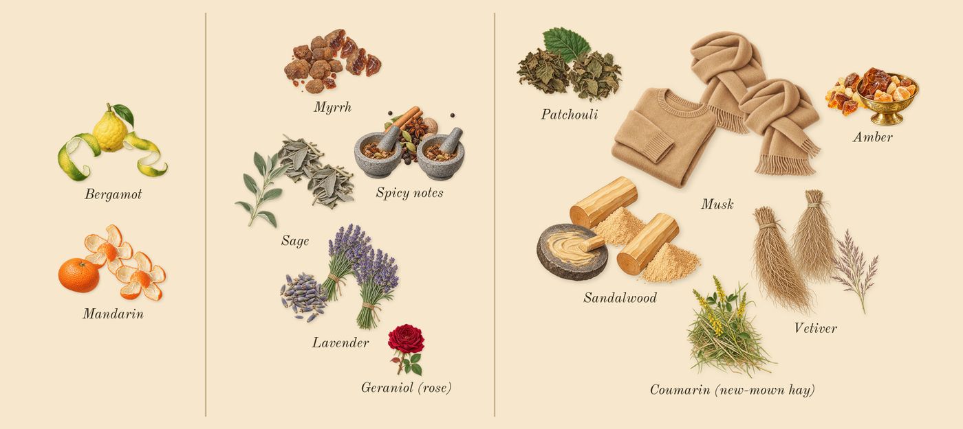 Obsession for Men’s scent picture, a draft: mandarin, bergamot, lavender, myrrh, sage, spicy notes drawn so far; dashed outlines where nothing is drawn yet
