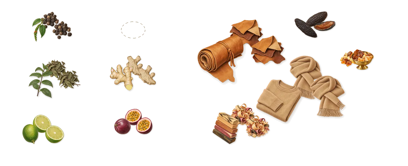 212 VIP Men’s scent picture, a draft: lime, mint, ginger, woody notes, tonka (coumarin), amber drawn so far; dashed outlines where nothing is drawn yet