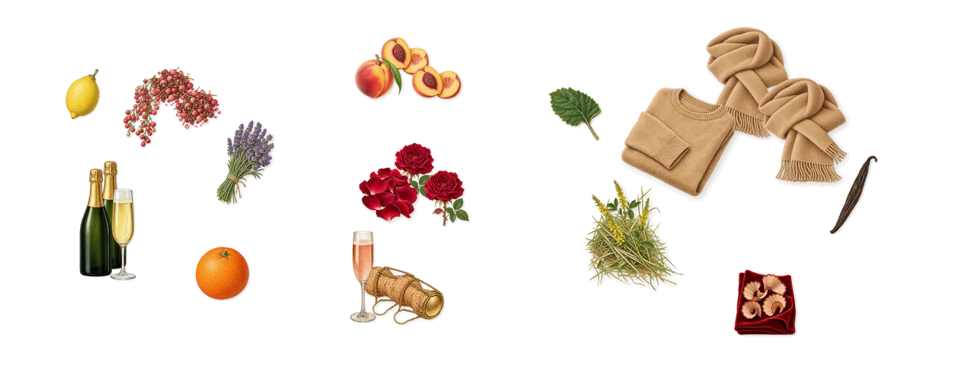 212 VIP Rosé’s scent picture, a draft: champagne rosé, pink pepper, peach, rose, musk, pink champagne drawn so far; dashed outlines where nothing is drawn yet