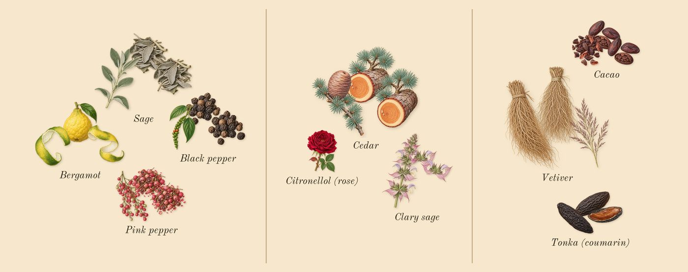 Bad Boy’s scent picture, a draft: bergamot, pink pepper, black pepper, cedar, clary sage, tonka (coumarin) drawn so far; dashed outlines where nothing is drawn yet