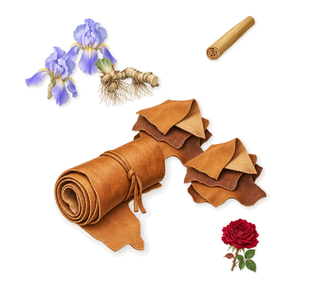 Bad Boy Elixir, as it settles: Leather, Iris, Geraniol (rose), Cinnamal (cinnamon)