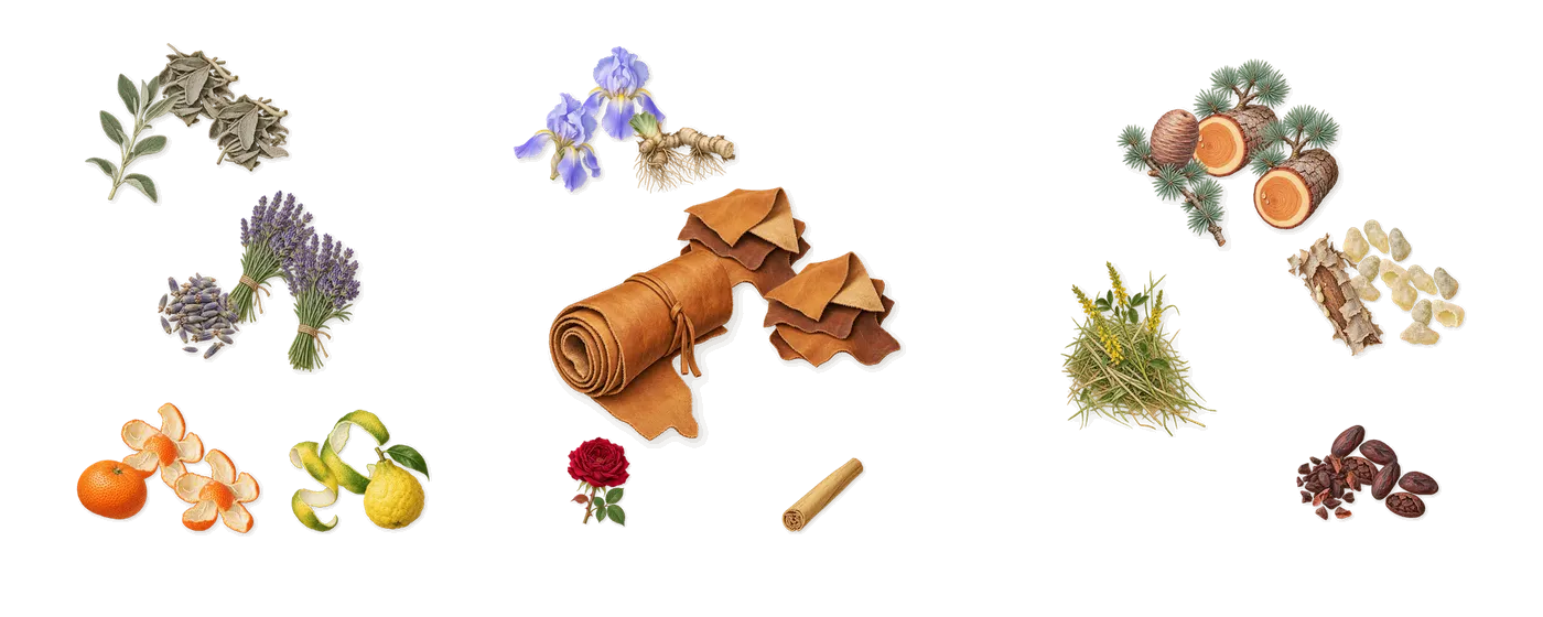 Bad Boy Elixir’s scent picture, a draft: sage, lavender, leather, iris, cedar, frankincense drawn so far; dashed outlines where nothing is drawn yet