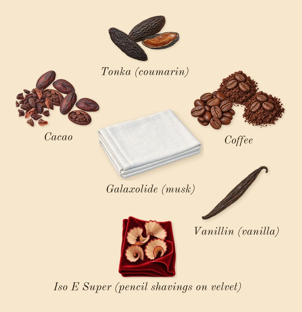 Good Girl, dry-down: Tonka (coumarin), Cacao, Coffee, Galaxolide (musk), Iso E Super (pencil shavings on velvet), Vanillin (vanilla)