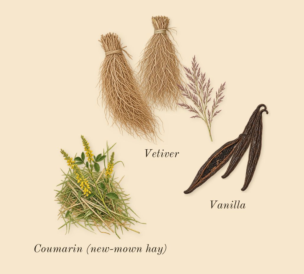Very Good Girl, dry-down: Vetiver, Vanilla, Coumarin (new-mown hay)