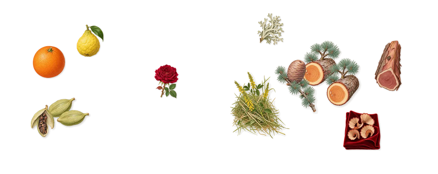 Déclaration’s scent picture, a draft: cardamom, cedar, virginia cedar, bergamot, sweet orange, oakmoss drawn so far; dashed outlines where nothing is drawn yet
