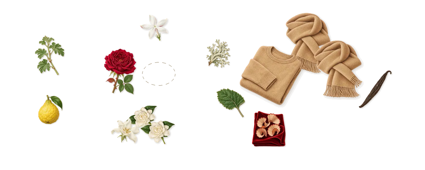 La Panthère’s scent picture, a draft: gardenia, musk, patchouli, bergamot, oakmoss, rose drawn so far; dashed outlines where nothing is drawn yet