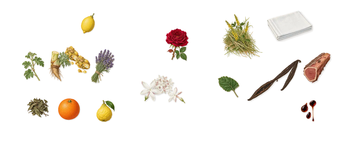 Must de Cartier’s scent picture, a draft: galbanum, jasmine, vanilla (vanillin), bergamot, lemon, patchouli drawn so far; dashed outlines where nothing is drawn yet