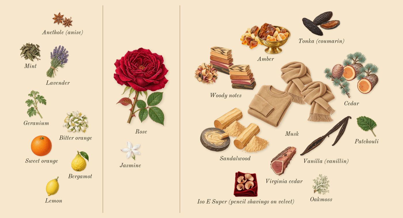 Bleu de Chanel’s scent picture, a draft: amber, musk, cedar, woody notes, sandalwood, tonka (coumarin) drawn so far; dashed outlines where nothing is drawn yet