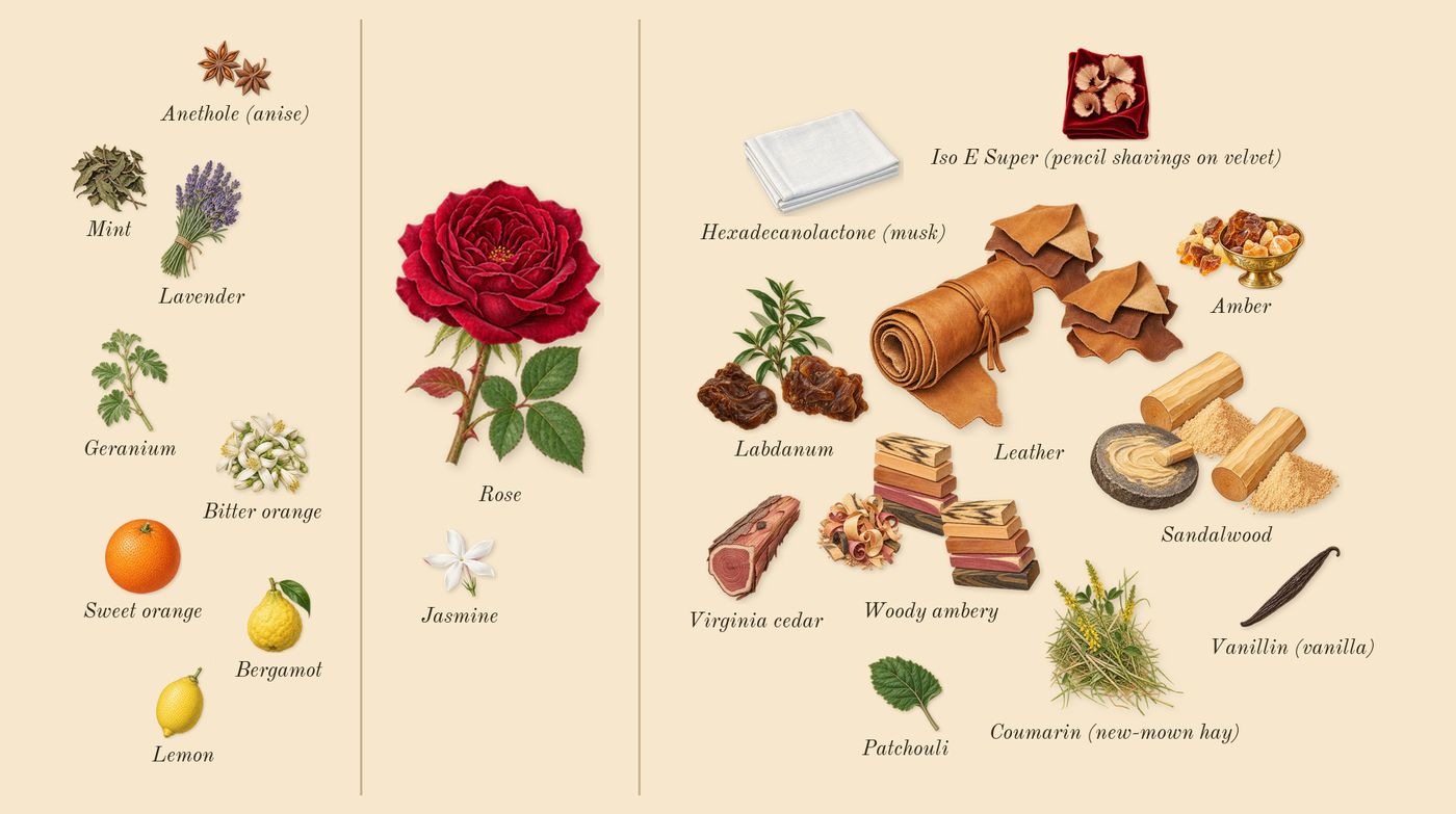 Bleu de Chanel L'Exclusif’s scent picture, a draft: sandalwood, labdanum, woody ambery, leather, amber, bergamot drawn so far; dashed outlines where nothing is drawn yet