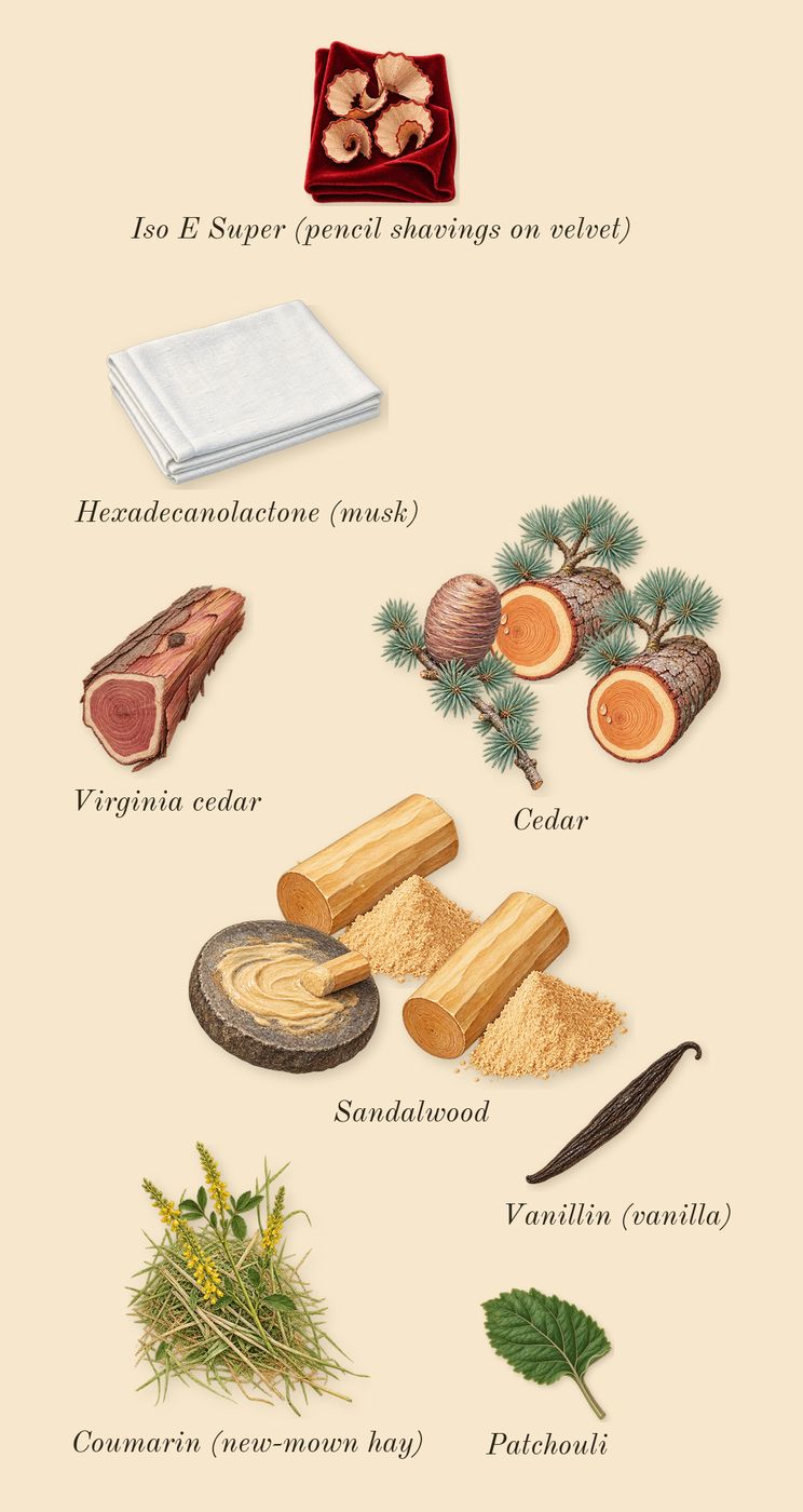 Bleu de Chanel, dry-down: Cedar, Sandalwood, Virginia cedar, Patchouli, Iso E Super (pencil shavings on velvet), Coumarin (new-mown hay), Vanillin (vanilla), Hexadecanolactone (musk)