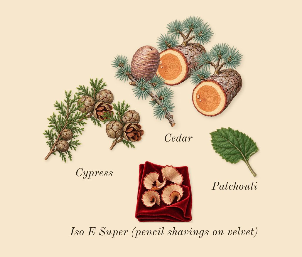 Happy For Men, dry-down: Cedar, Cypress, Patchouli, Iso E Super (pencil shavings on velvet)
