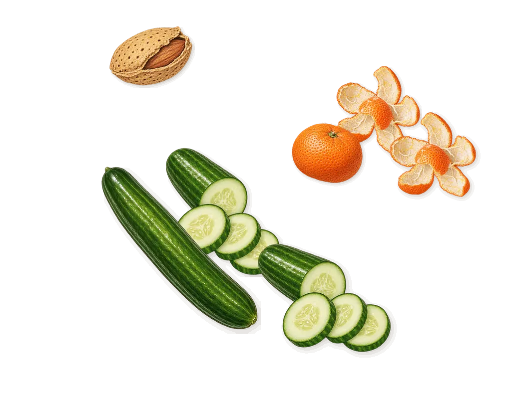 Happy Heart, when you spray it: Mandarin, Cucumber, Benzaldehyde (bitter almond)