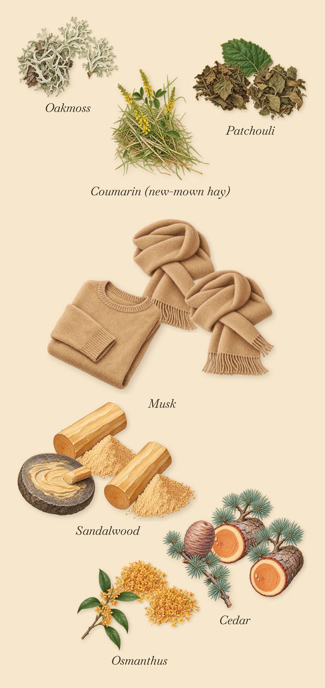 1872 Feminine, what stays: Patchouli, Osmanthus, Oakmoss, Sandalwood, Cedar, Musk, Coumarin (new-mown hay)