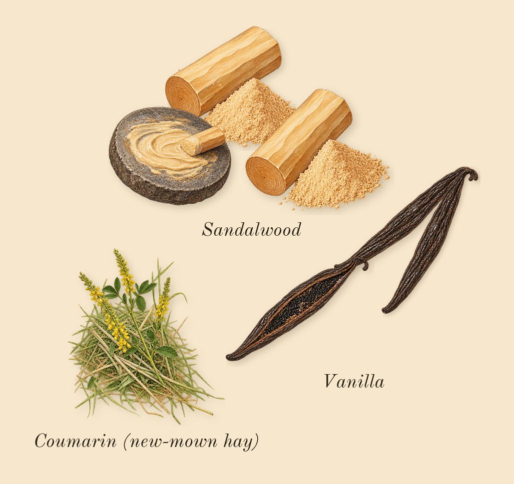 Warm Bulb, dry-down: Sandalwood, Vanilla, Coumarin (new-mown hay)