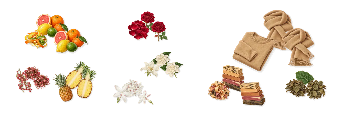 Floral’s scent picture, a draft: citrus coeur, pink pepper, pineapple, rose, jasmine, gardenia drawn so far; dashed outlines where nothing is drawn yet