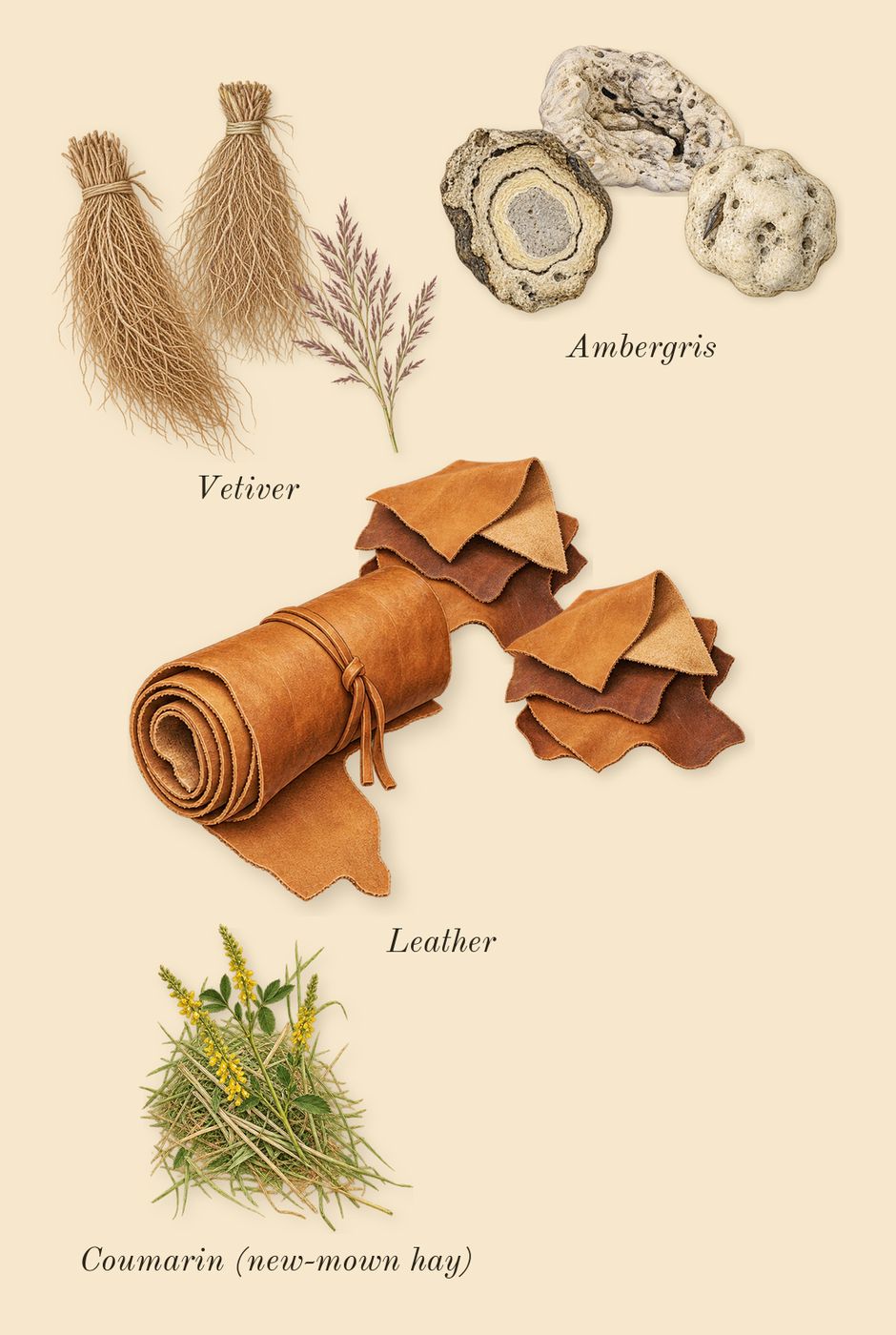 For Men, dry-down: Vetiver, Leather, Ambergris, Coumarin (new-mown hay)
