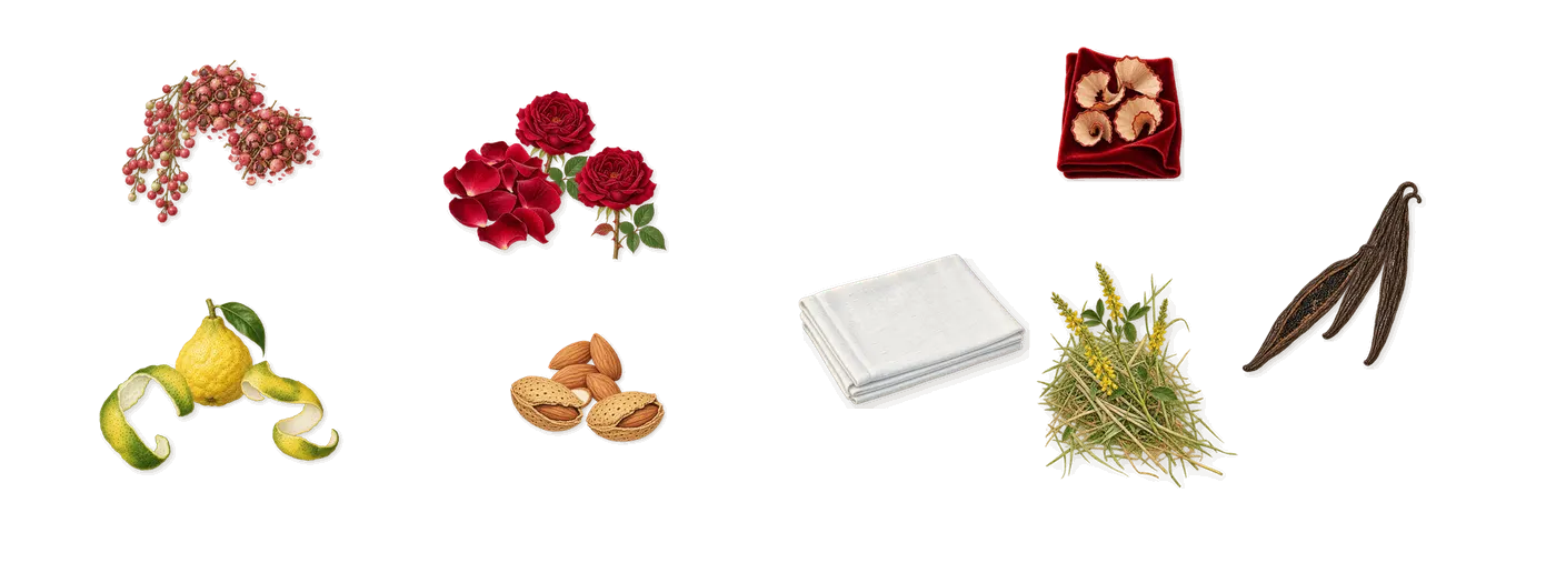 Gold’s scent picture, a draft: pink pepper, almond, vanilla (vanillin), rose, bergamot, galaxolide (musk) drawn so far; dashed outlines where nothing is drawn yet