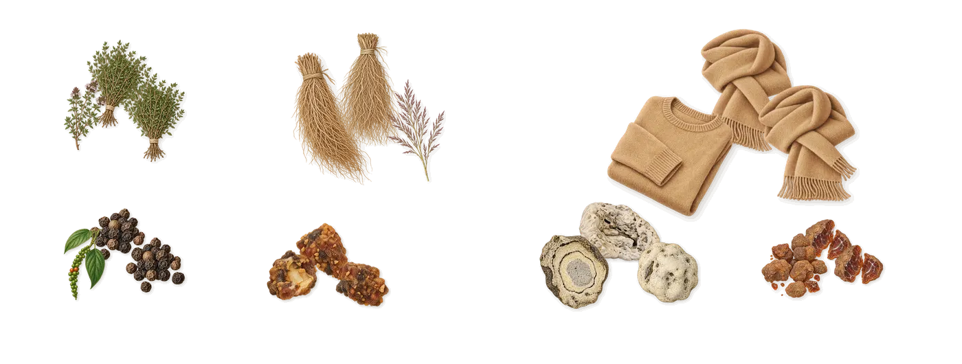 To Vetiver’s scent picture, a draft: black pepper, thyme, vetiver, opoponax, ambrofix (ambergris), musk drawn so far; dashed outlines where nothing is drawn yet