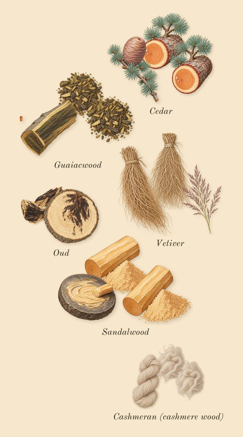 Wonderwood, dry-down: Cashmeran (cashmere wood), Guaiacwood, Cedar, Sandalwood, Vetiver, Oud