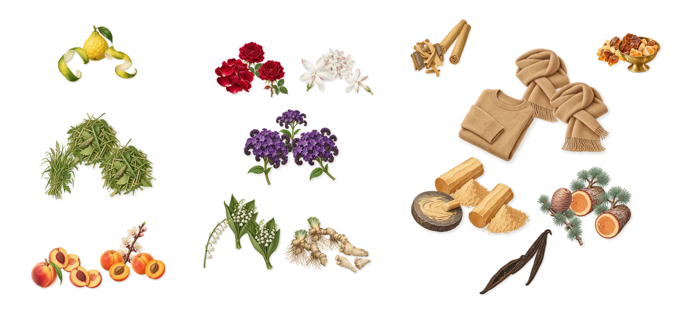 Exclamation Cologne’s scent picture, a draft: apricot, bergamot, peach, green notes, rose, lily of the valley drawn so far; dashed outlines where nothing is drawn yet