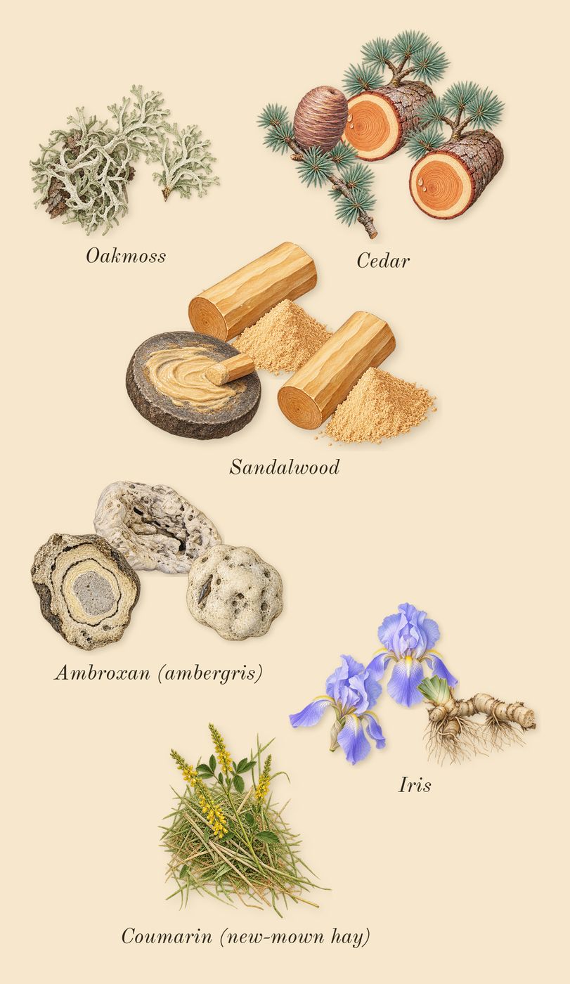Green Irish Tweed, dry-down: Sandalwood, Cedar, Ambroxan (ambergris), Oakmoss, Iris, Coumarin (new-mown hay)