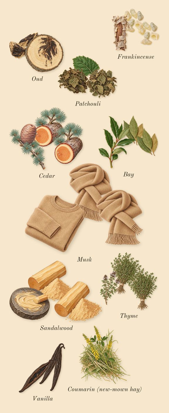 Millésime 1849, dry-down: Cedar, Sandalwood, Frankincense, Oud, Thyme, Bay, Patchouli, Vanilla, Musk, Coumarin (new-mown hay)