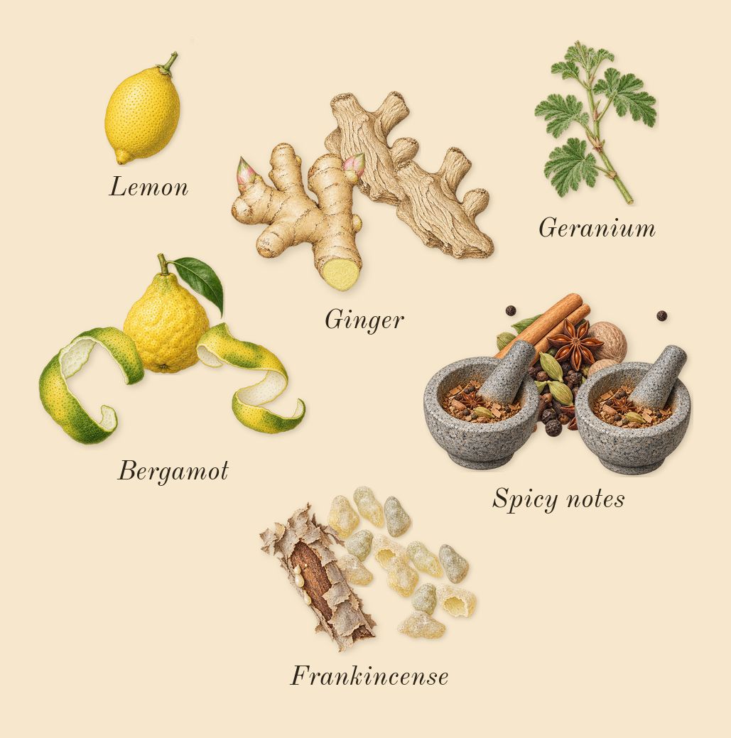 Oud Zarian, top notes: Bergamot, Frankincense, Ginger, Spicy notes, Lemon, Geranium