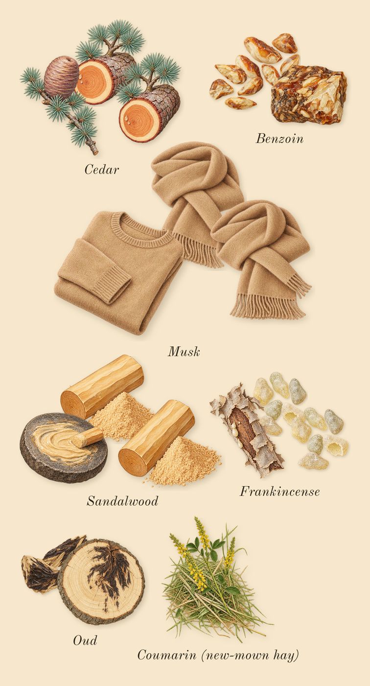 Royal Oud, dry-down: Oud, Frankincense, Benzoin, Cedar, Sandalwood, Musk, Coumarin (new-mown hay)