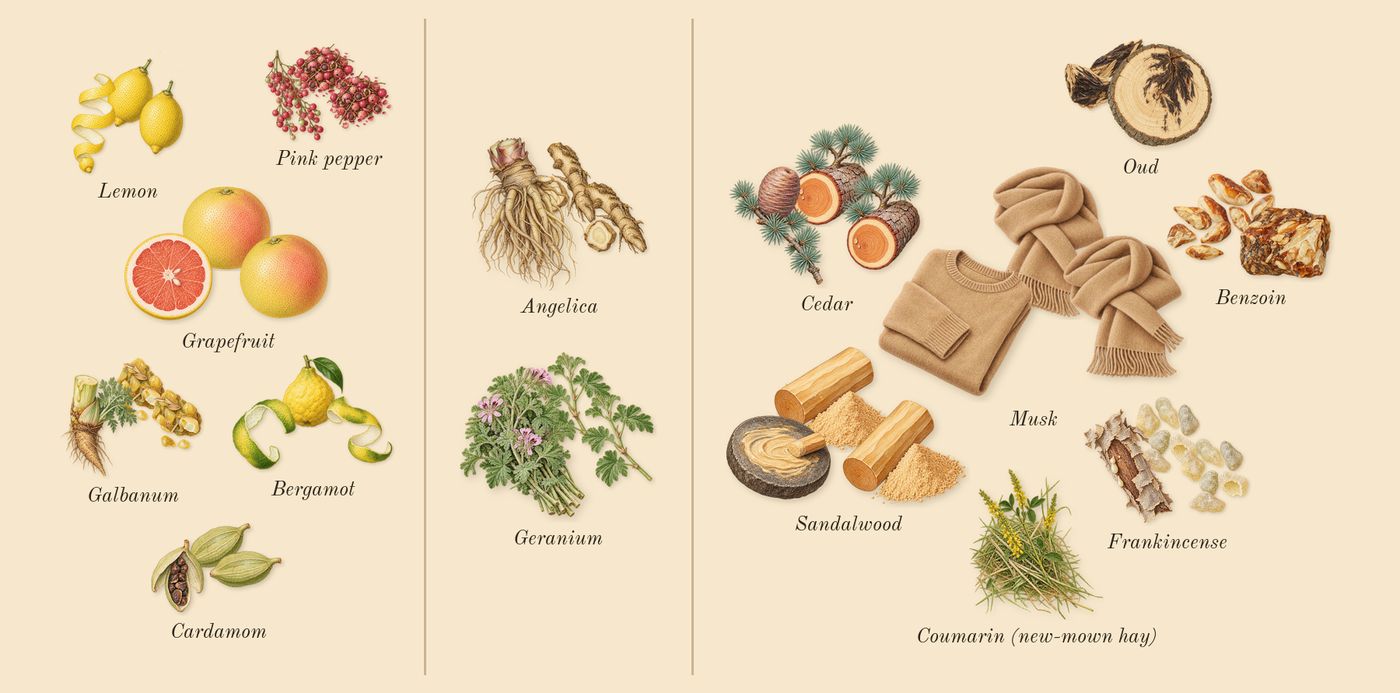 Royal Oud’s scent picture, a draft: grapefruit, cardamom, angelica, geranium, oud, frankincense drawn so far; dashed outlines where nothing is drawn yet