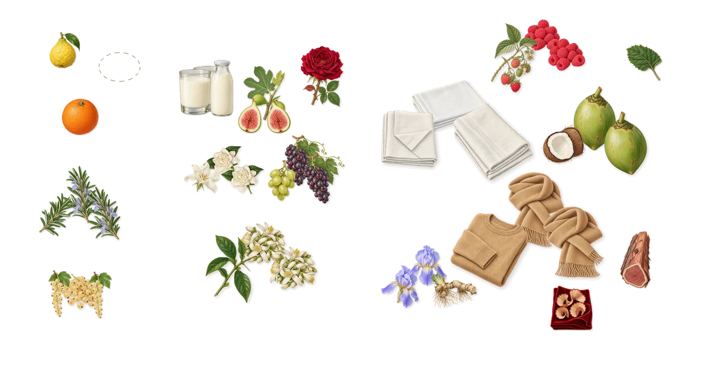 Debaser in Bloom’s scent picture, a draft: white currant, rosemary, fig, gardenia, milk, musk drawn so far; dashed outlines where nothing is drawn yet