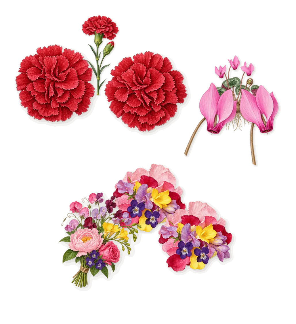 Grey Blazer, as it settles: Hedgerow flowers, Cyclamen, Carnation