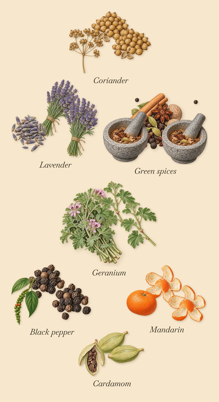 Grey Blazer, when you spray it: Green spices, Coriander, Cardamom, Black pepper, Geranium, Lavender, Mandarin