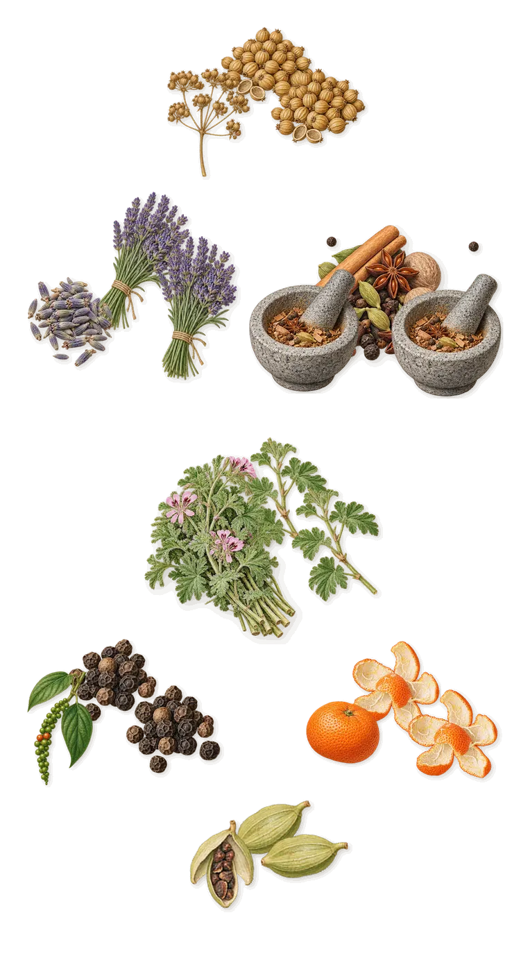 Grey Blazer, when you spray it: Green spices, Coriander, Cardamom, Black pepper, Geranium, Lavender, Mandarin