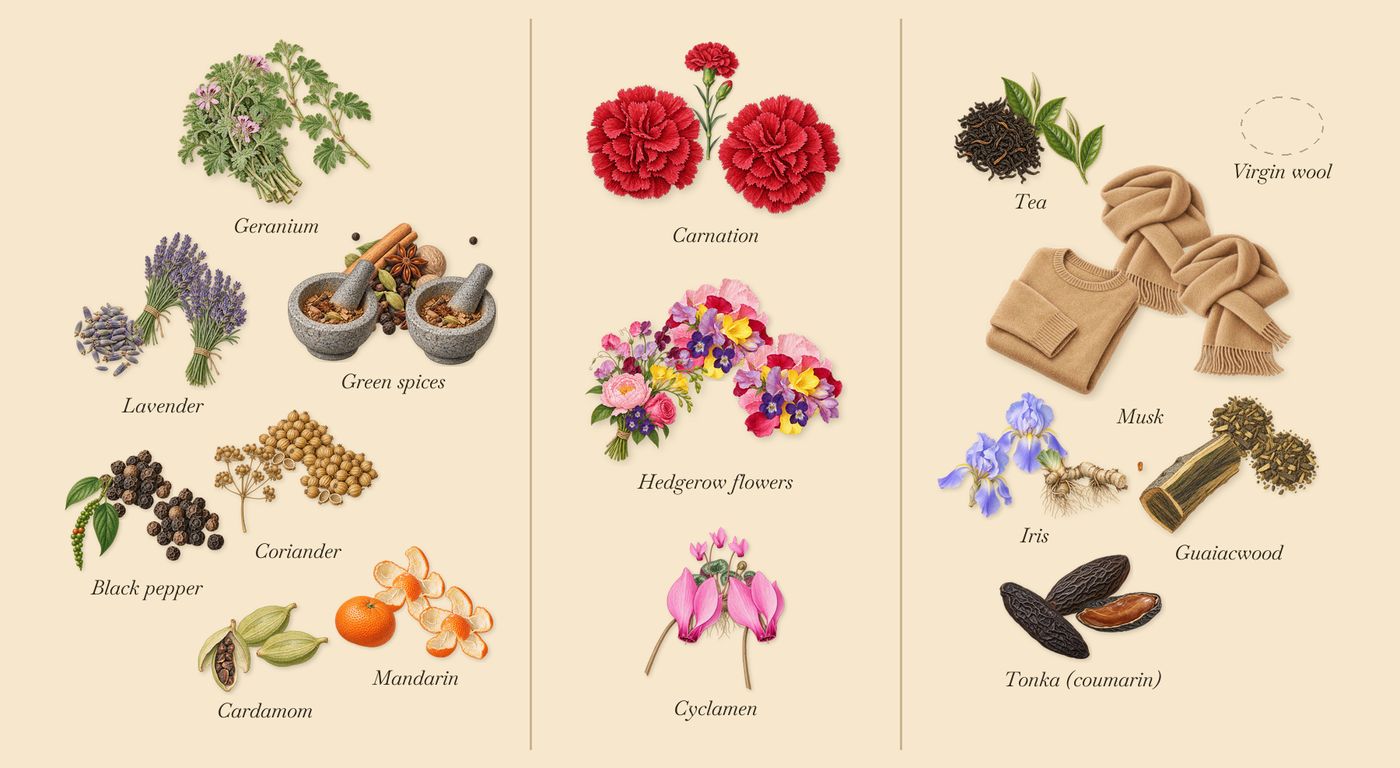 Grey Blazer’s scent picture, a draft: green spices, hedgerow flowers, coriander, cardamom, black pepper, iris drawn so far; dashed outlines where nothing is drawn yet