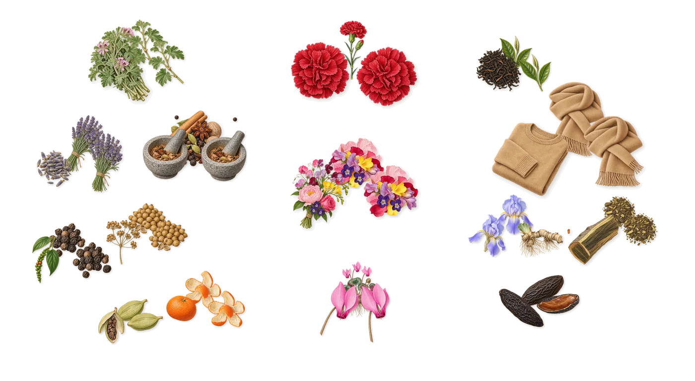 Grey Blazer’s scent picture, a draft: green spices, hedgerow flowers, musk, coriander, cardamom, black pepper drawn so far; dashed outlines where nothing is drawn yet