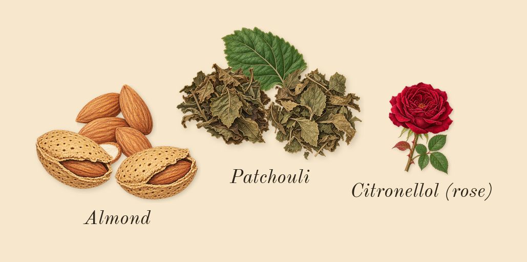 Pistachio, heart: Almond, Patchouli, Citronellol (rose)