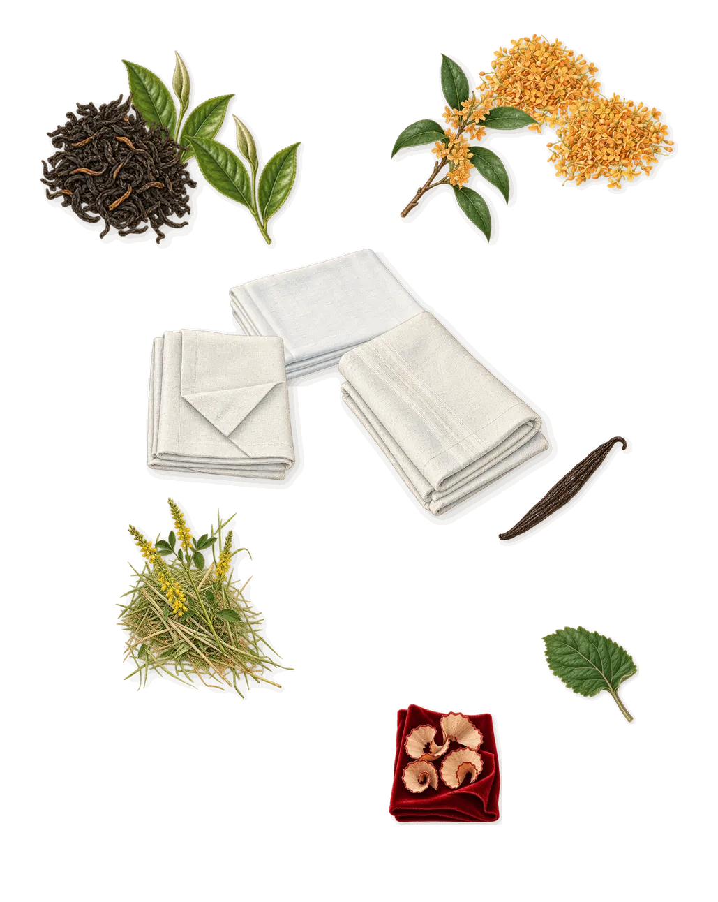 Pomelo Oolong, what stays: Tea, Osmanthus, White musk, Patchouli, Iso E Super (pencil shavings on velvet), Vanillin (vanilla), Coumarin (new-mown hay)