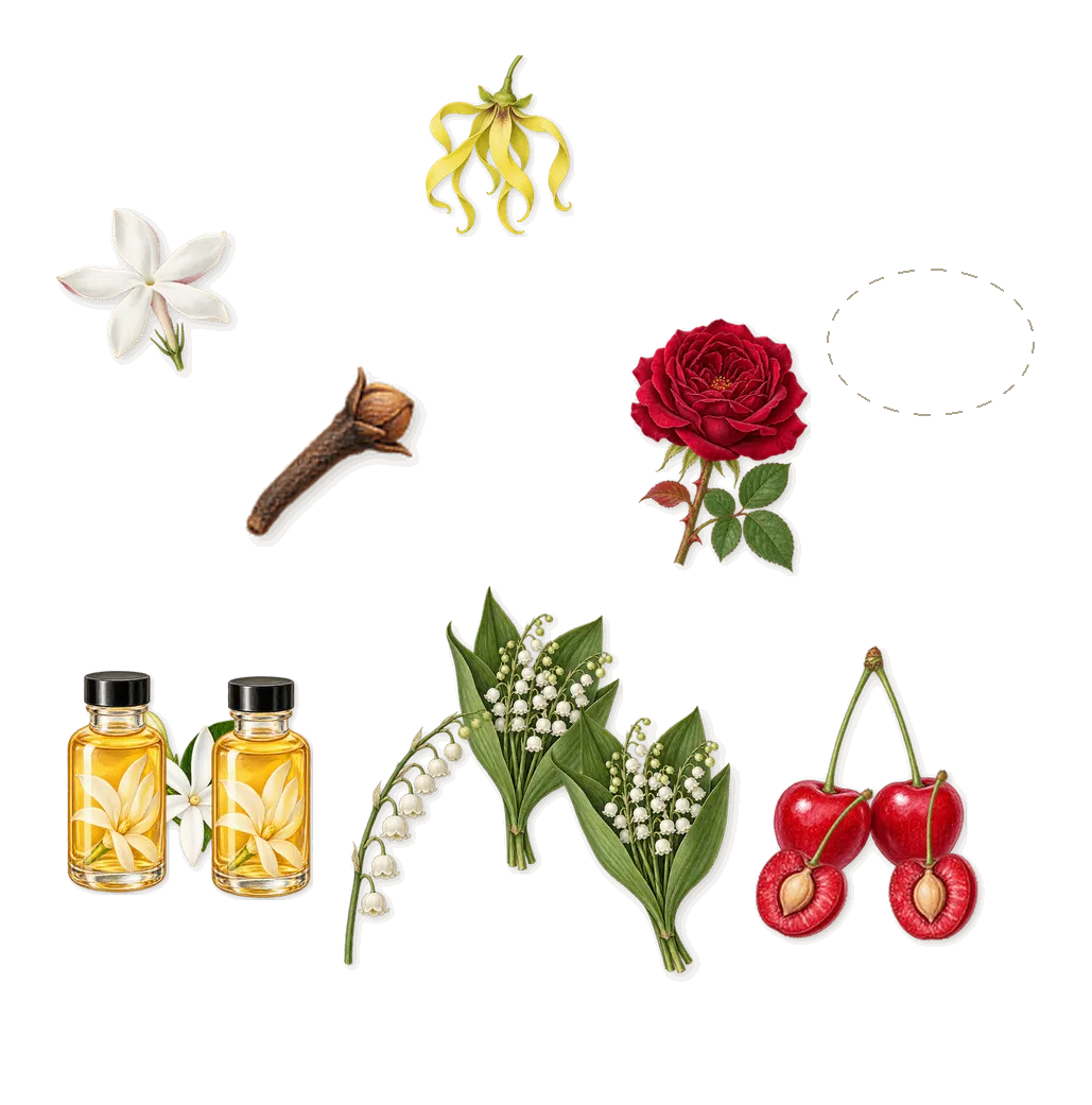 Sakura Snow, as it settles: Cherry, Snow, Solar notes, Lily of the valley, Ylang-ylang, Clove, Jasmine, Rose