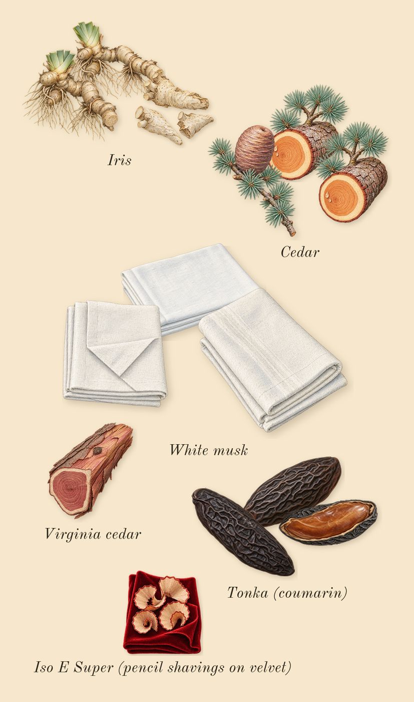 White Rice, dry-down: Iris, Tonka (coumarin), White musk, Cedar, Virginia cedar, Iso E Super (pencil shavings on velvet)